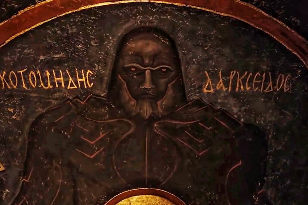Mural of Uxas ( Darkseid) in cave
